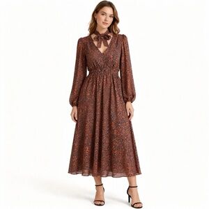 Molly Bracken midi dress size M brown animal print tie balloon sleeves chiffon